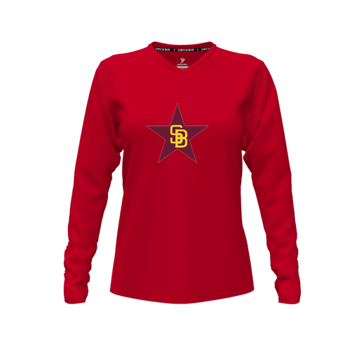 [FTLVCFRD-FYXS-LOGO1] Decker Comfort T-Shirt (Female Youth XS, Red, V Neck, Logo 1, Long Sleeve)